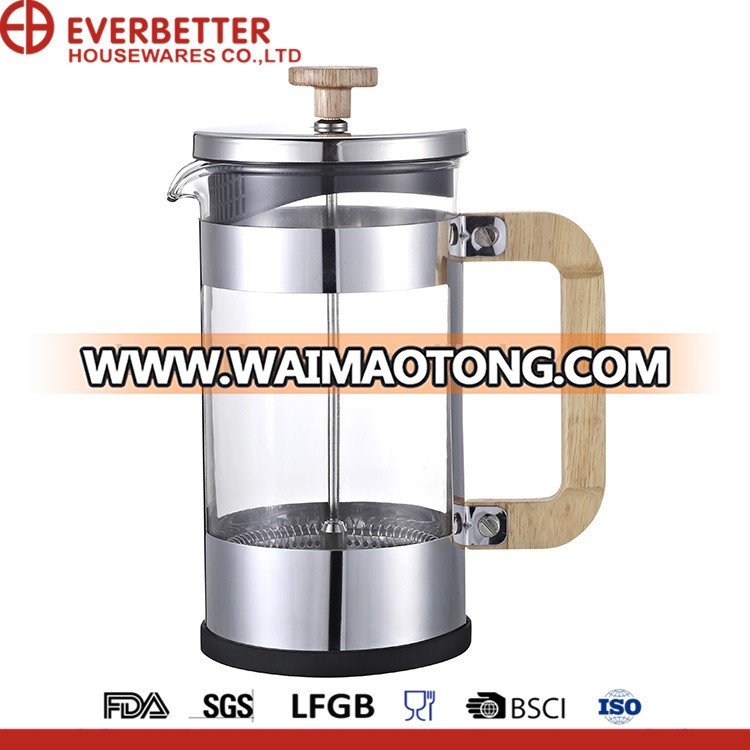 stainless steel coffee press with wooden handle